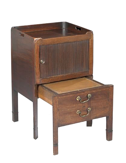 This George III mahogany piece is a commode, not a table. It was made in the 18th century to hold the necessary nighttime ‘toilet’ equipment behind tambour doors. It sold for $950 at a New Orleans Auction Galleries sale in October 2012.