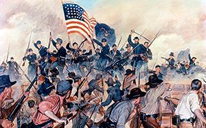 Painting by unknown artist, 'First at Vicksburg,' from US Army Center of Military History 'US Army in Action' series. The painting depicts a May 19, 1863 battle that pitted Union Major Gen. Ulysses S. Grant's 1st Battalion, 13th Infantry, against Confederate troops serving under Lt. Gen. John C. Pemberton. Photo courtesy of the US Army Center of Military History.