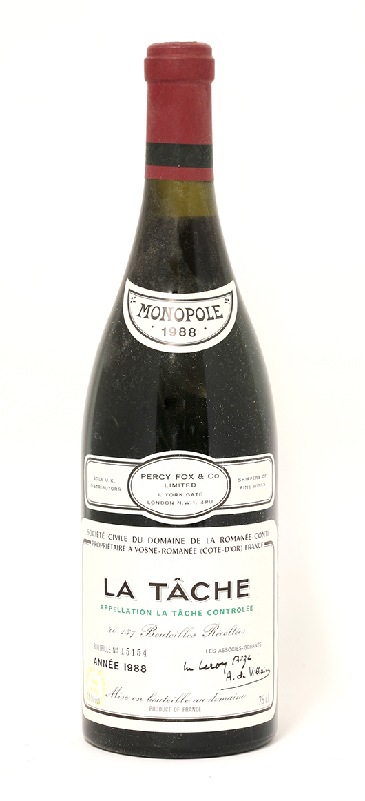 A bottle of 1988 La Tâche DRC from the Domaine de la Romanée-Conti estate in Burgundy. Image courtesy of Sworders.