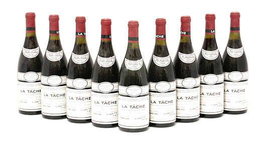Nine bottles of 1988 La Tâche DRC from the Domaine de la Romanée-Conti estate in Burgundy. Image courtesy of Sworders.