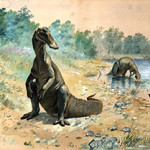 Charles R. Wright's 1897 artistic rendering that depicts hadrosaurs, or duck-billed dinosaurs, as semi-aquatic animals that could only chew soft-water plants, a popular idea at the time that is no longer considered correct.