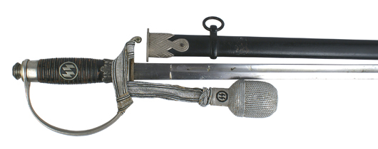 Nazi SS officer's dress sword with wire-wrapped wood grip and original SS officer's silver bullion portopee. Price realized: $7,931. Mohawk Arms Inc. image.