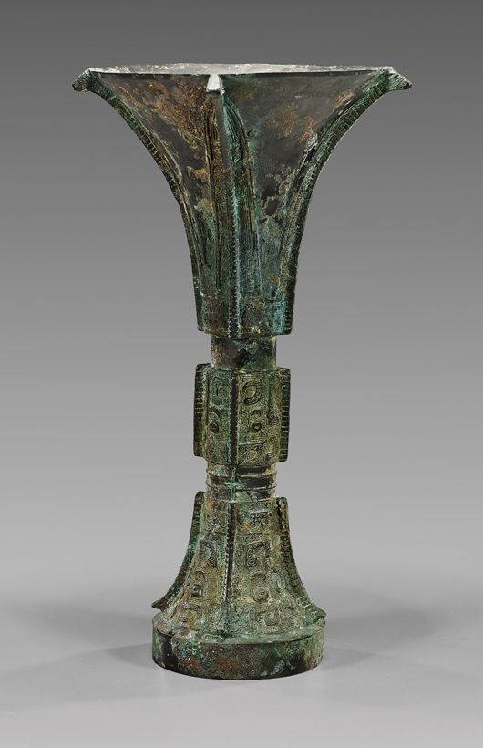 Shang Dynasty bronze beaker, 12 inches. Estimate: $15,000-$20,000. I.M. Chait Gallery / Auctioneers image.   