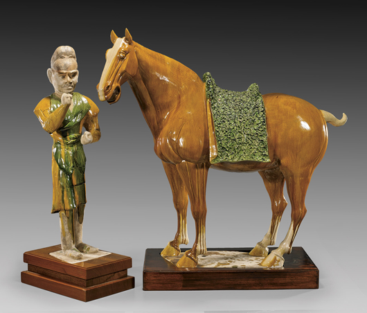 Important Tang Dynasty pottery horse and groom. Estimage $300,000-$400,000. I.M. Chait Gallery / Auctioneers image.
