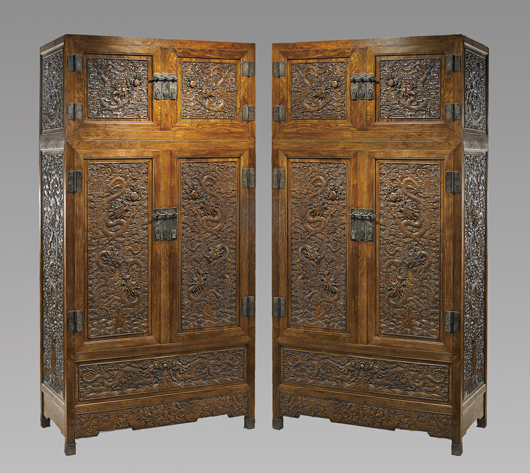 Pair of Chinese hardwood cabinets. Estimate: $20,000-$25,000. I.M. Chait Gallery / Auctioneers image.