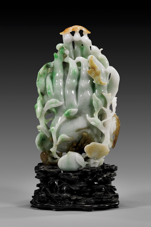 Antique Chinese jadeite Buddha's hand, 19th century, 8 1/8 inches. Estimate: $35,000-$40,000. I.M. Chait Gallery / Auctioneers image. 