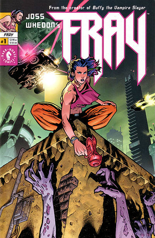 The cover art for Joss Whedon's 'Fray' No. 1, published in June 2001 by Dark Horse Comics. Fair use of low resolution image to accompany an article detailing the increasing prominence of comic books in American pop culture and Whedon's status as one of the top comic book writers. Book cover art copyright is believed to belong to the publisher and/or the artist.