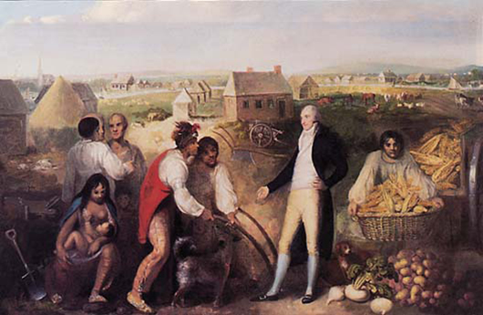 During the 18th and 19th centuries, Creek or Muscogee people were known for their willingness to accept members of other races into their culture and to learn about European farming methods. They also developed a written language. In this 1805 painting by an unknown artist, plantation owner Benjamin Hawkins teaches Creeks how to use a plow.