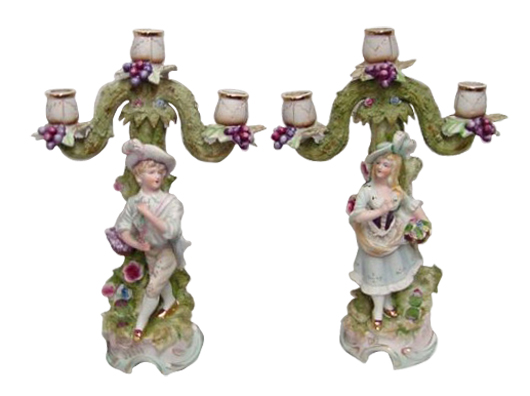Pair of porcelain candelabra, purchased in the 1950s from the Godchaux Sugar family estate auctions in New Orleans. John W. Coker Ltd. image.