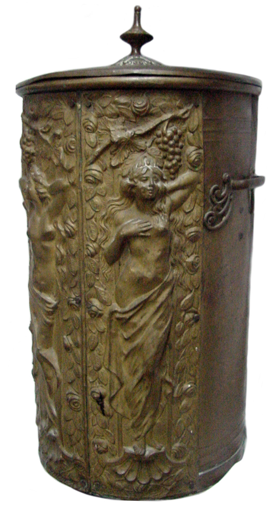 Large belle epoque brass water dispenser decorated with women in flowing robes, from an old Connecticut hotel or restaurant. John W. Coker Ltd. image.