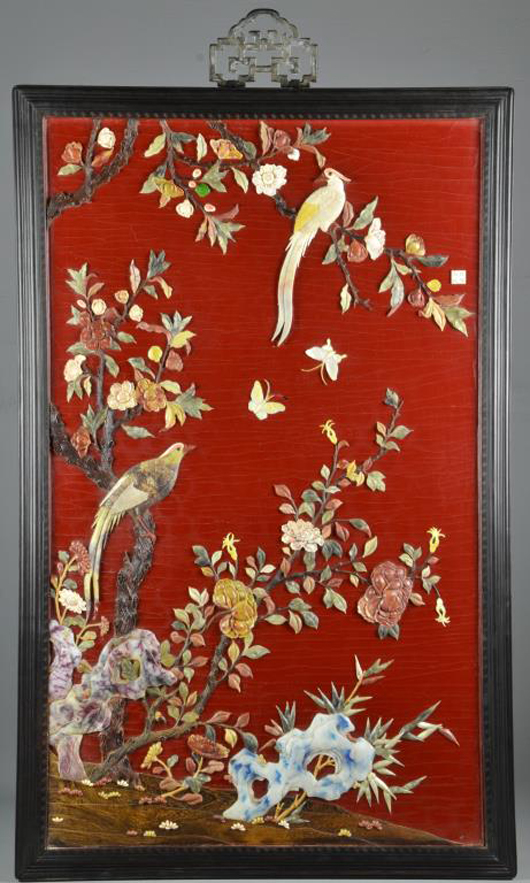Chinese Qing lacquer appliqued panel. Midwest Antiques Galleries Inc. image.