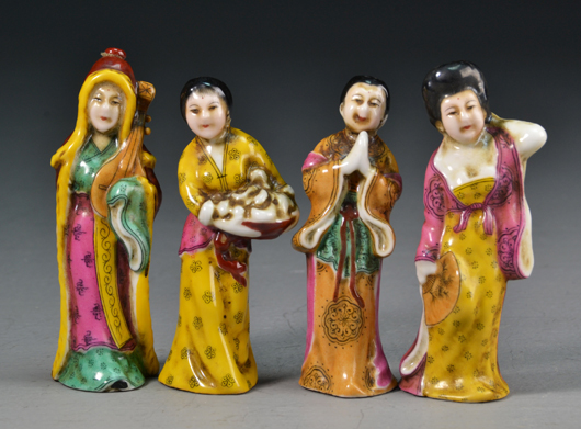 Four Chinese porcelain female figure snuff bottles. Midwest Antiques Galleries Inc. image.