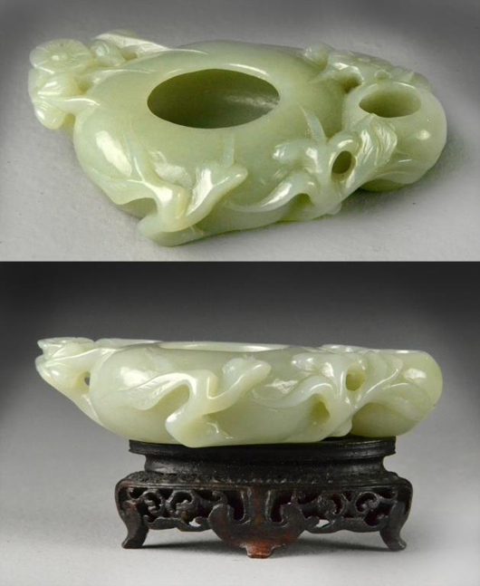 Chinese celedon jade carved brush washer. Midwest Antiques Galleries Inc. image.