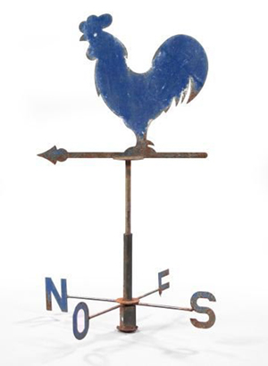 The rooster on this American weather vane is similar to artist Katharina Fritsch's giant blue cockerel now standing at London's Trafalgar Square. Image courtesy of LiveAuctioneers.com Archive and New Orleans Auction St. Charles Gallery Inc.