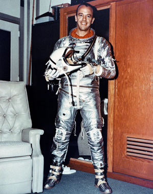 U.S. astronaut Alan B. Shepard, the second man to go into outer space, models a Mercury spacesuit in 1963. NASA image, courtesy of Wikimedia Commons.