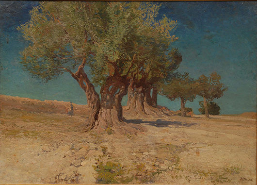 Oil on canvas mounted to a Masonite board by Ivan Trusz (Ukraine/Russia, 1869-1941) of a landscape scene with olive trees on a plateau (est. $8,000-$12,000). Elite Decorative Arts image.