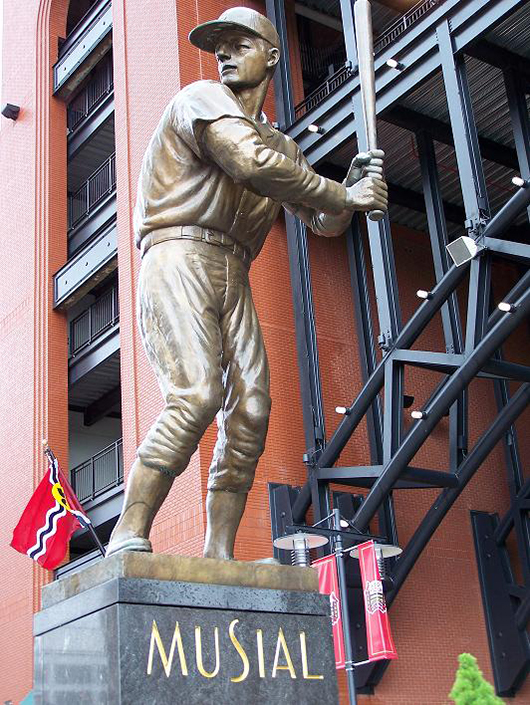 Statue of Stan Musial statue depicting the Cardinals slugger in his signature batting stance; Busch Stadium in St. Louis, Missouri.