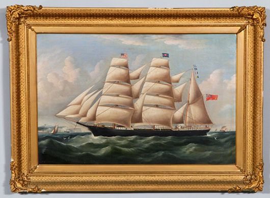 Richard Barnett Spencer ship portrait, ‘Helen Campbell Inward Bound,’ oil on canvas. Kaminski Auctions image.