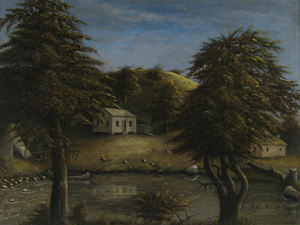 Aaron Turner's untitled oil painting depicting Grand Rapids, Michigan, as it looked in 1836 when he was a 13-year-old boy. Image courtesy of Grand Rapids Public Museum.