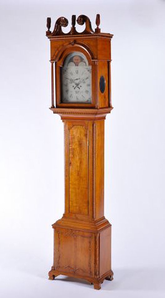 Important 18th century Philadelphia tall-case clock. John McInnis Auctioneers and Appraisers image.