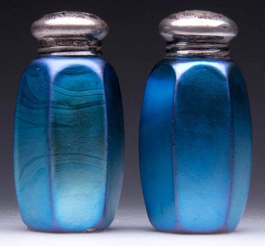 Blue Aurene shaker set attributed to Steuben Glass Works, 1912-1922. Price realized: $2,760. Jeffrey S. Evans & Associates image.