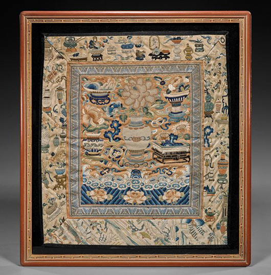 Antique Chinese embroidered silk panel, 18 inches by 16 inches, framed.  Estimate: $300-$400. I.M. Chait Gallery/Auctioneers image.