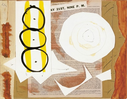 Robert Motherwell, 9th Street Exhibition, 1951. Watercolor, ink, gouache, and pasted drawing paper, printed paper, and Kraft paper on paperboard, 28.6 x 36.5 cm. Mildred Lane Kemper Art Museum, Washington University, St. Louis, Gift of Mr. and Mrs. Joseph L. Tucker, 1963 © Dedalus Foundation, Inc./Licensed by VAGA, New York. Photo: Courtesy Dedalus Foundation, Inc.