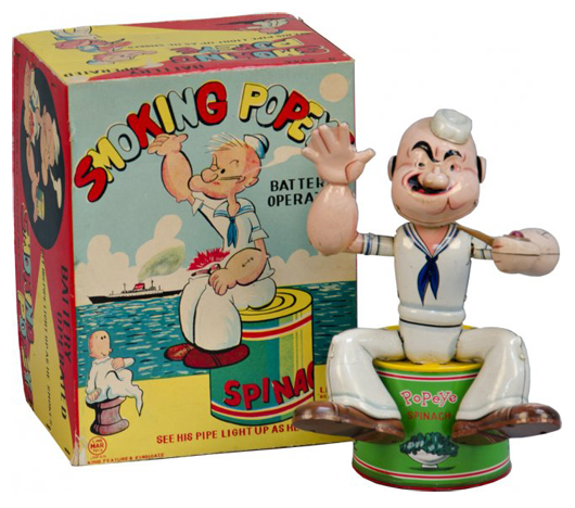 Marx battery-operated Smoking Popeye sold for $1,265. Victorian Casino Antiques image.