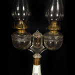 Rare Ripley pattern glass double kerosene wedding lamp with milk glass base, with original lid. Woody Auction image.