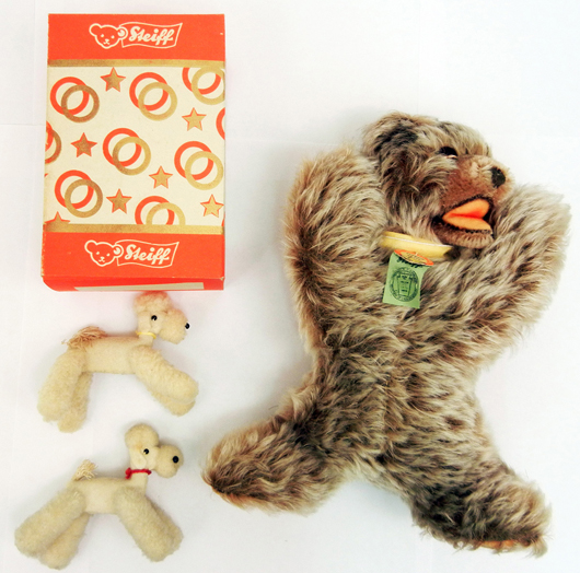 1950s Steiff poodles in Steiff box, and Steiff ‘Floppy Zotty.’ Stephenson’s image.