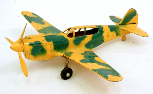 Hubley die-cast P-40 fighter jet plane in camouflage, from the Capt. GR Webster collection. Stephenson’s image.