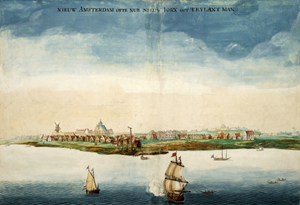 An early view of New Amsterdam in 1664, the year it was taken over by the English. Image courtesy of Wikimedia Commons.