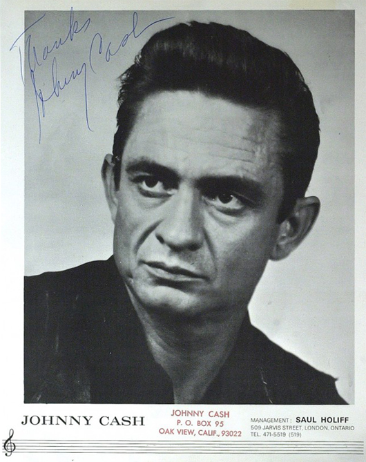 Country music legend Johnny Cash. Image courtesy of LiveAuctioneers.com Archive and Written Word Autographs. 