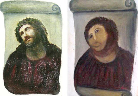 Before/after views of the fresco. It is believed that the use of this image of a copyrighted work constitutes fair-use and does not infringe on copyright. Image courtesy of Wikimedia Commons.