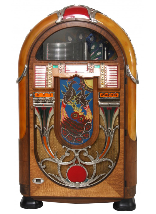 1941 Wurlitzer model 850 jukebox, also called 'the Peacock’ because it features a brilliant peacock reverse painted on glass. Fontaine’s Auction Gallery image.