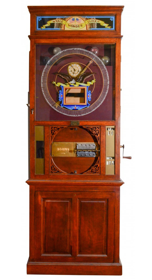 Circa 1900 Yale Wonder Clock, Burlington, Vt., with 15 1/2-inch Regina music box, one of only a handful known. Fontaine’s Auction Gallery image.