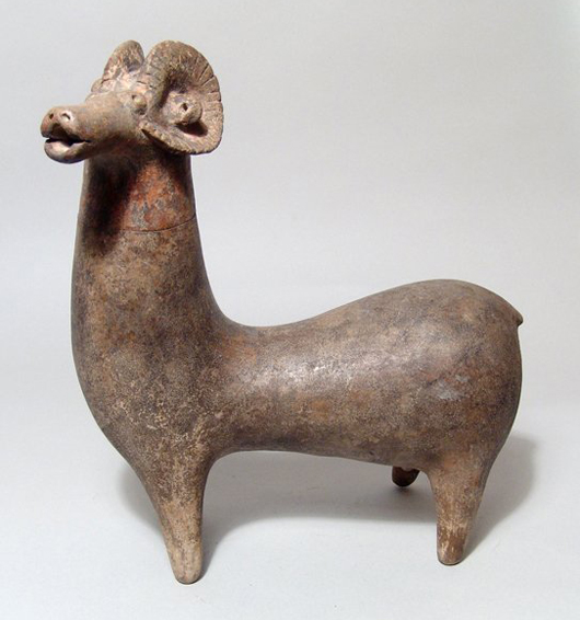 Amlash terracotta rhyton in the form of a horned ram, northern Iran, circa 1350-1000 B.C. Ancient Resource Auctions image.