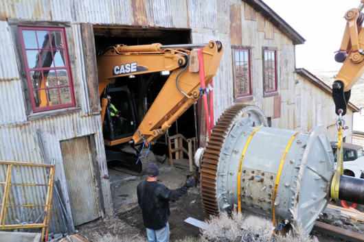 Heavy equipment hauls the ball mill to the Carissa Mine in Wyoming. Image courtesy of South Pass City State Historic Site.
