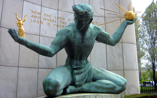 'Spirit of Detroit' sculpture by Marshall Fredericks outside the Coleman A. Young Municipal Center. This work has been released into the public domain by its author, Zirotti, at the wikipedia project.