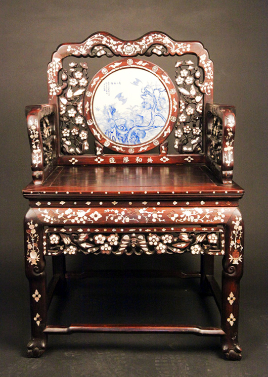 Lot 2700: rare handcrafted hardwood chair from the Imperial Qing Dynasty. China Arts Appraisal and Auction House image.