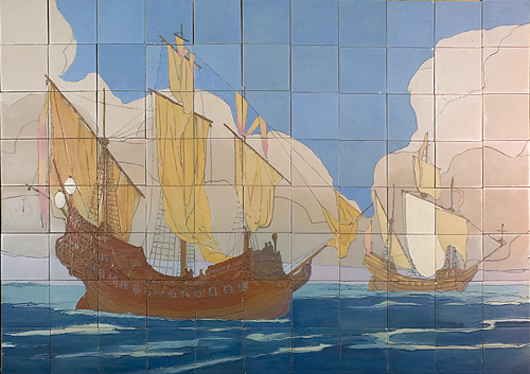 Rookwood Faience tableau of galleons at sea. Image courtesy of LiveAuctioneers.com and Humler & Nolan.