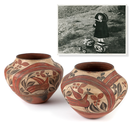 This pair of Zia three-color pottery ollas (estimate: $6,000-$9,000) is among the select group of Native American artifacts in Moran’s Sept. 10 sale. John Moran Auctioneers image.