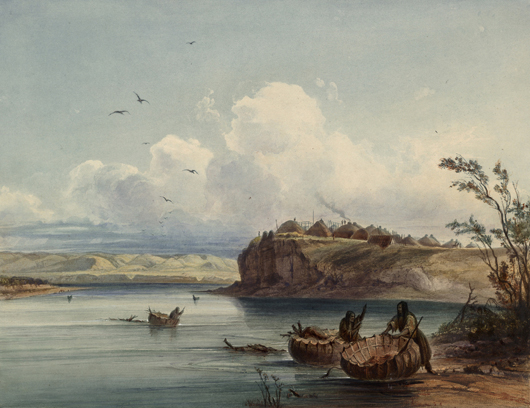 A Mandan village along the Missouri River in North Dakota, by Karl Bodmer (1809-1893). Image courtesy Wikimedia Commons.
