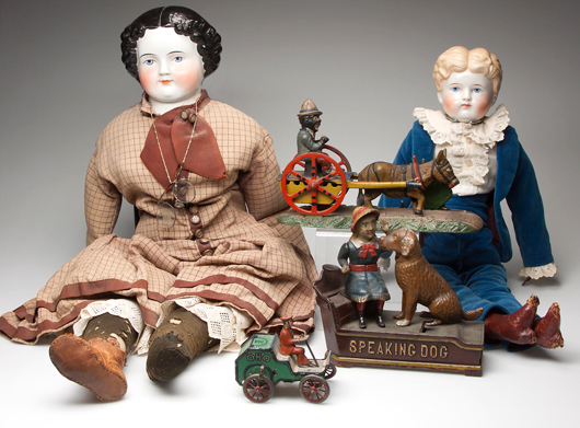 Dolls and toys from the Robertson, Croft and Scannell collections. Jeffrey S. Evans & Associates image.