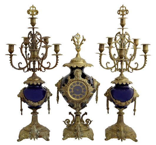 French Empire-style three-piece bronze and porcelain clock set, circa 1870, by A.D. Mougin. Crescent City Auction Gallery LLC image.
