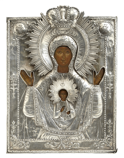 Russian icon of the Mother of God of the Sign, oil on carved wooden panel, marked 1799. Crescent City Auction Gallery LLC image.