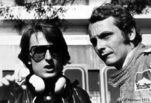 Archival image of Luca di Montezemolo (left) and Niki Lauda at the 1975 Grand Prix Monaco. Courtesy of Ferrari North America.