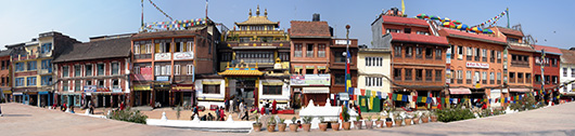 Buildings around Kathmandu's Boudha Stupa (center), the holiest of Buddhist sites in Nepal. Photo by Xiquinho.