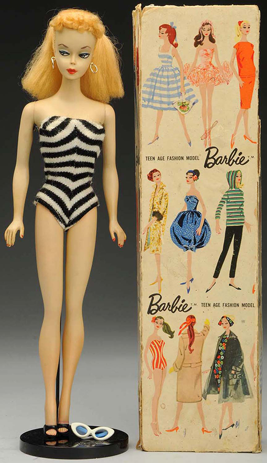 Blonde Barbie #1 with blonde ponytail, striped one-piece swimsuit, original box, est. $2,000-$3,000. Morphy Auctions image.