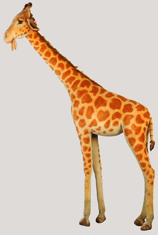 Steiff studio giraffe, early 1980s, 8ft tall, purchased at Wanamaker’s in Philadelphia, retains Steiff button and tag, est. $4,000-$6,000. Morphy Auctions image.